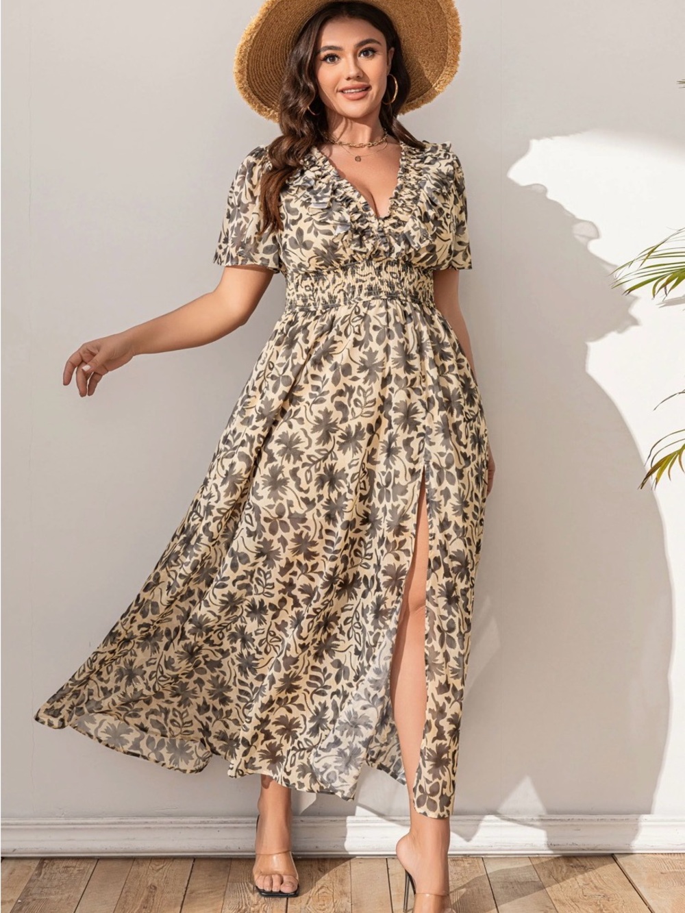 Cream Floral Maxi Dress with Black Leaf Print